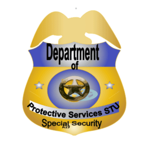 A police badge with the words department of protective services svu and special security written on it.